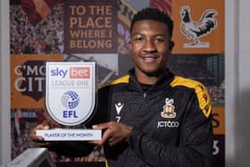 Bradford City wing-back Josh Neufville, pictured with his Sky Bet League One player-of-the-month accolade for September. Picture courtesy of Thomas Gadd Photography.