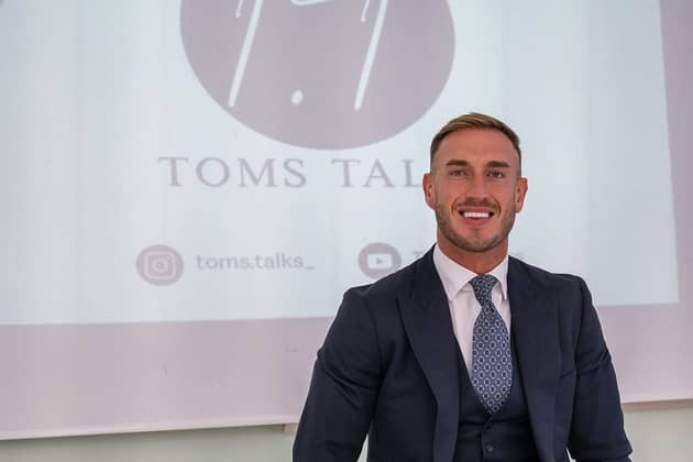 Tom Dickinson, 27, travels up and down the UK with 'Tom's Talks' -  delivering talks to schools and businesses relating to his own story with mental health