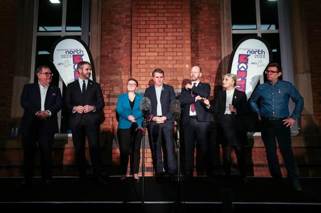 Metro Mayors Oliver Coppard, Steve Rotheram, Jamie Driscoll, Tracy Brabin and Andy Burnham call for TransPennine Express services to be nationalised, during a press conference at the Convention of the North