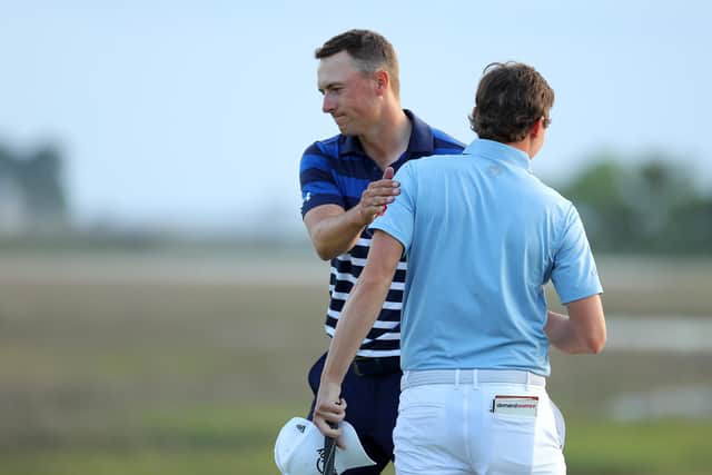 Matt Fitzpatrick (L) of England and Jordan Spieth (R) of the United States shake hands after Fitzpatrick won on the third playoff hole (Picture: Kevin C. Cox/Getty Images)