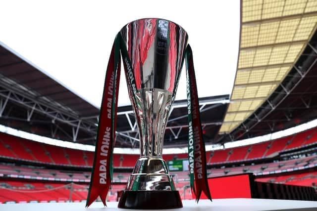 A detailed view of the EFL Trophy, then in its guise as the Papa John's Trophy prior to the final between Rotherham United and Sutton United at Wembley Stadium on April 03, 2022 in London, England. The competition is now known as the Bristol Street Motors Trophy. Photo by Catherine Ivill/Getty Images.