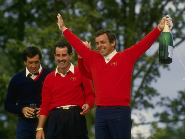 A watershed moment: Tony Jacklin says he can't walk past that rooftop at the Belfry without thinking back to the celebrations he enjoyed with the victorious European Ryder Cup team in 1985, including Seve Ballesteros (left) of Spain and Sam Torrance (centre) of Scotland (Picture: Simon Bruty/Allsport)