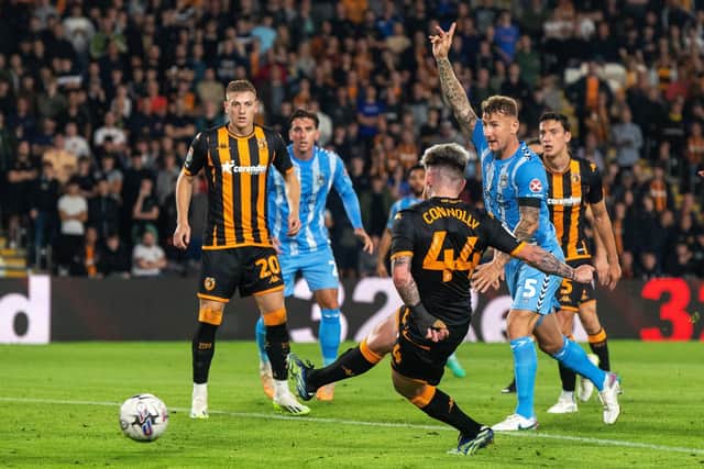 One that got away: Hull's Aaron Connolly misses a good chance in the first half against Coventry. (Picture: Bruce Rollinson)