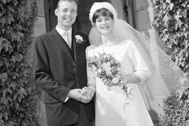 The happy couple at the Tranter-Huck wedding in Liberton Kirk in August 1965.
