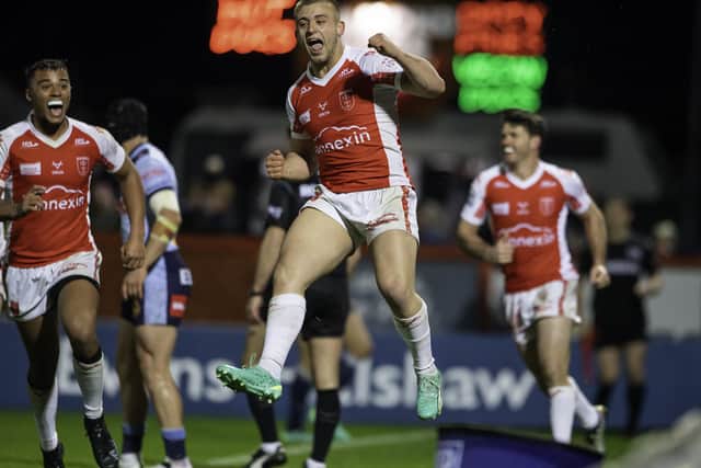Mikey Lewis jumps for joy after scoring his second try against St Helens. (Photo: Allan McKenzie/SWpix.com)