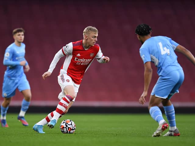 Arsenal forward Mika Biereth is said to be of interest to Sheffield Wednesday. Image: Alex Burstow - Arsenal FC/Arsenal FC via Getty Images