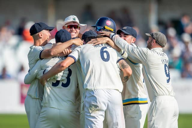 That winning feeling: Yorkshire celebrate victory against Gloucestershire at Scarborough, with head coach Ottis Gibson eyeing three more victories to seal County Championship promotion. Picture by Allan McKenzie/SWpix.com