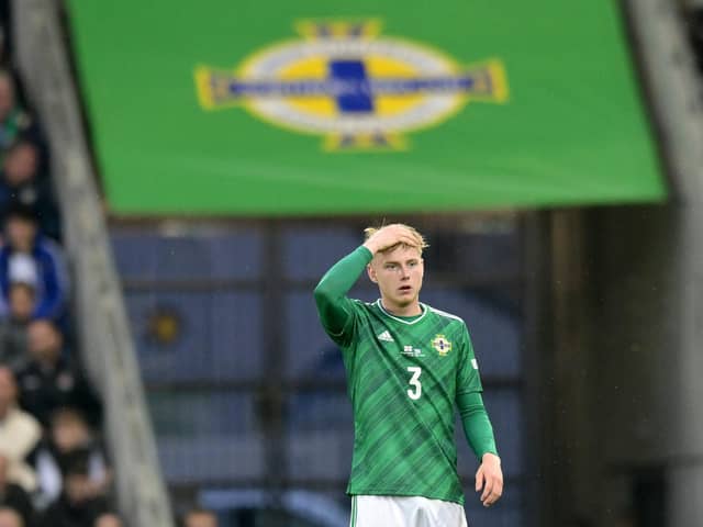 BELFAST, NORTHERN IRELAND - JUNE 02: Paddy Lane of Northern Ireland reacts during the UEFA Nations League League C Group 2 match between Northern Ireland and Greece at Windsor Park on June 02, 2022 in Belfast, Northern Ireland. (Photo by Charles McQuillan/Getty Images)