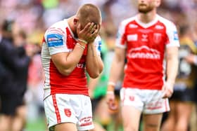 Mikey Lewis shows his dejection after Hull KR's Wembley defeat. (Photo: Will Palmer/SWpix.com)