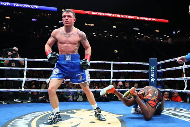 Subriel Matias is knocked down by Dalton Smith during their 12 round WBC super lightweight championship bout at Barclays Center on January 10, 2026 in the Brooklyn borough of New York City. (Picture: Ed Mulholland/Getty Images)