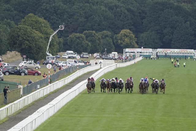 Runners make their way down the track in The Coopers Marquees Maiden Stakes at Doncaster Racecourse on September 10, 2021 in Doncaster, England. Picture: Alan Crowhurst/Getty Images.