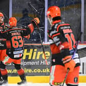 COMING THROUGH: Rob Dowd celebrates his goal - and Sheffield Steelers' third - in their 4-1 win over Coventry Blaze in the semi-finals of the Challenge Cup. Picture: Dean Woolley/Steelers Media.