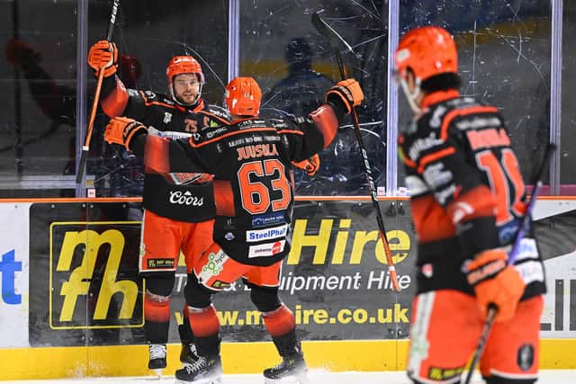 COMING THROUGH: Rob Dowd celebrates his goal - and Sheffield Steelers' third - in their 4-1 win over Coventry Blaze in the semi-finals of the Challenge Cup. Picture: Dean Woolley/Steelers Media.
