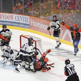 OVER THE LINE: Sheffield Steelers' players celebrate after Evan Jasper makes it 5-3 against Fife Flyers on Sunday. Picture: Cerys Heslop/Steelers Media.