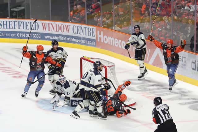 OVER THE LINE: Sheffield Steelers' players celebrate after Evan Jasper makes it 5-3 against Fife Flyers on Sunday. Picture: Cerys Heslop/Steelers Media.