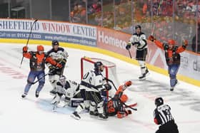 OVER THE LINE: Sheffield Steelers' players celebrate after Evan Jasper makes it 5-3 against Fife Flyers on Sunday. Picture: Cerys Heslop/Steelers Media.