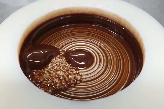 A confocal microscope image of molten dark chocolate.