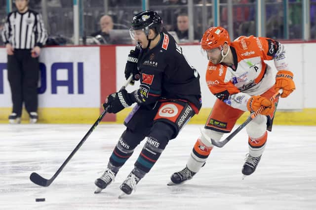 HIGH STAKES: Belfast Giants’ Ben Lake battles with Sheffield Steelers’ Robert Dowd (right) during Saturday’s Elite Ice Hockey League game at the SSE Arena Picture courtesy of William Cherry/Presseye/EIHL.