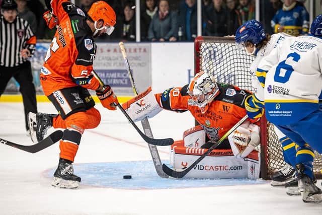 WE MEET AGAIN: Sheffield Steeldogs repel a Leeds Knights probe the last time the two teams met, at Elland two weeks ago. Picture: Ben Gordon/Knights Media.