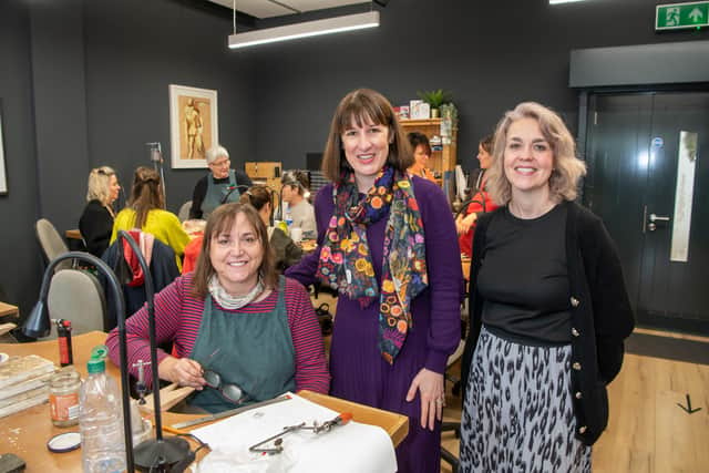 Liz Hayton, left, Rachel Reeves and Emma White, founder of Emma White Jewellery Studio. Picture: Giles Rocholl Photography