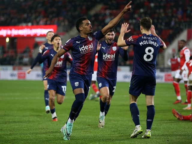 West Bromwich Albion's Grady Diangana celebrates scoring their side's first goal against Rotherham (Picture: Nigel French/PA Wire)