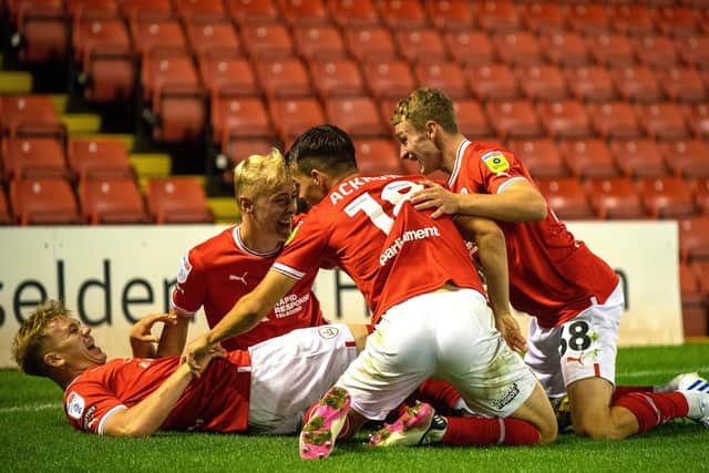 Jack Butterfill (left) celebrates his goal for Barnsley. Picture Bruce Rollinson.