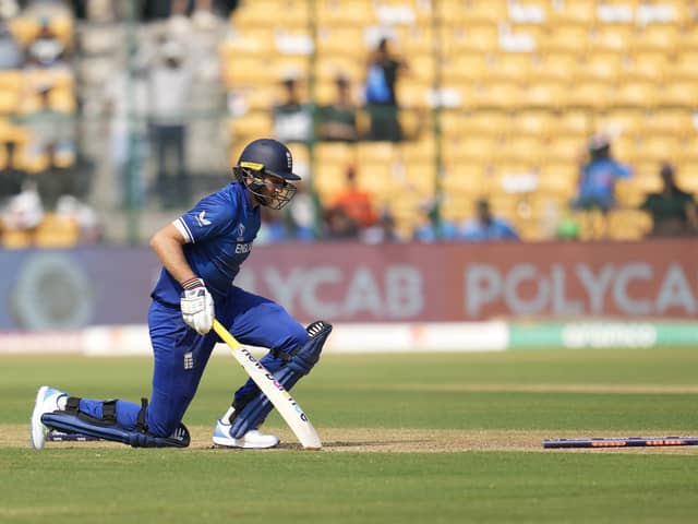 GOING OUT: England's Joe Root reacts after being run out by Sri Lanka's captain Kusal Mendis in Bengaluru, the World Cup holders losing by eight wickets to leave their hopes of making the semi-finals hanging by a thread. Picture: AP/Aijaz Rahi