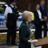 Liz Truss makes a statement prior to her formal resignation outside Number 10 in Downing Street on October 25, 2022.