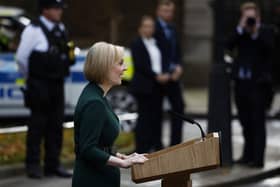 Liz Truss makes a statement prior to her formal resignation outside Number 10 in Downing Street on October 25, 2022.