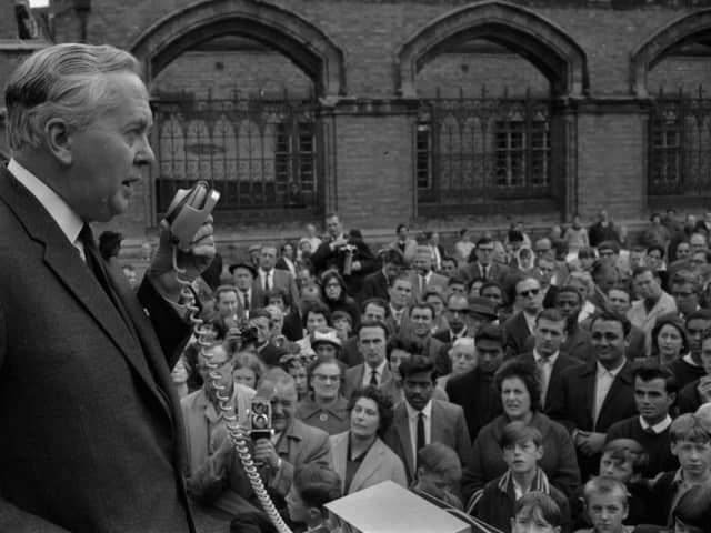 Labour Party Leader Harold Wilson on stage, giving a pre-election speech to a crowd of people, September 19th 1964. (Photo by Reg Burkett/Express/Getty Images)