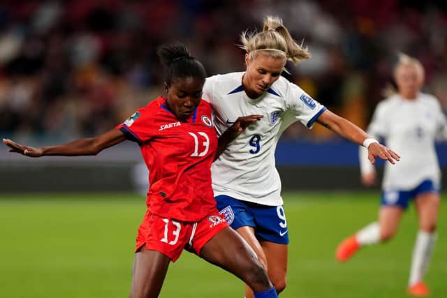 ON THE BALL: Haiti's Betina Petit-Frere (left) and England's Rachel Daly battle for the ball during the FIFA Women's World Cup 2023, Group D match at Brisbane Stadium. Picture Zac Goodwin/PA