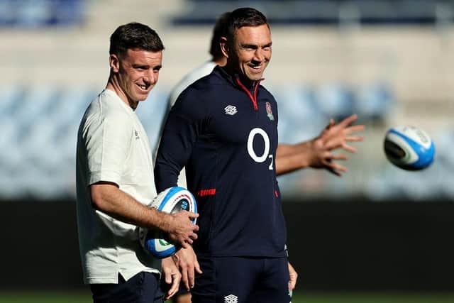 George Ford of England speaks with Kevin Sinfield, Defence Coach of England, during the England Captain's Run ahead of the Guinness Six Nations 2024 match against Italy and England at Stadio Olimpico (Picture: David Rogers/Getty Images)