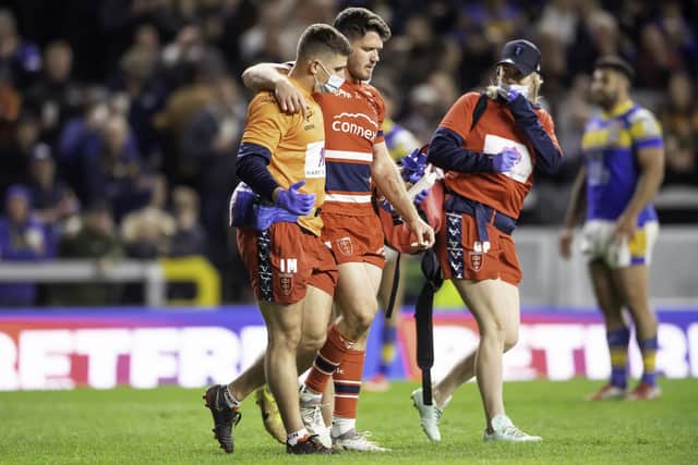 Hull KR is helped off at Headingley last year. (Picture: Allan McKenzie/SWpix.com)