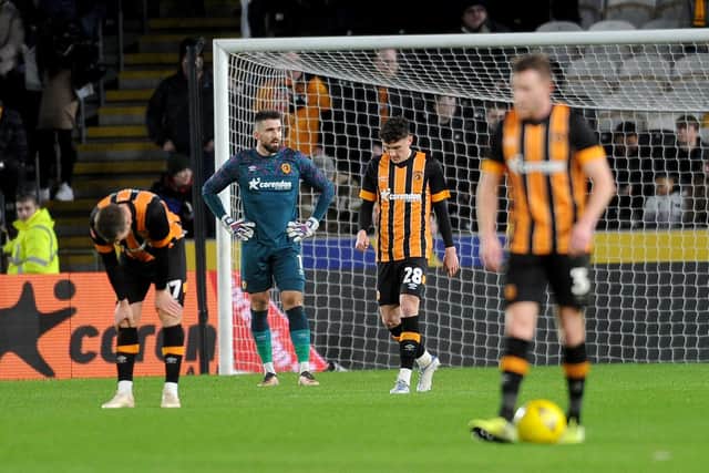 Hull City players pictured after Fulham's second killer goal. Picture: Simon Hulme.