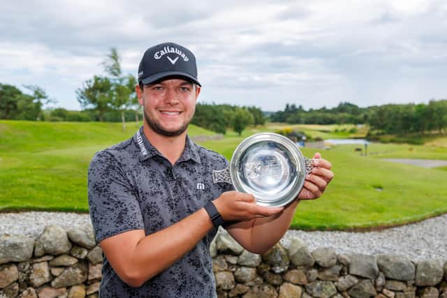 Breakthrough: Sam Bairstow of England proudly shows off the trophy following his one stroke victory on the Challenge Tour's Farmfoods Scottish Challenge supported by the R&A at Newmachar Golf Club on August 13, 2023 in Aberdeen, Scotland. (Picture: Kenny Smith/Getty Images)