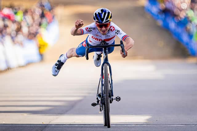Superman: Tom Pidcock of Great Britain celebrates winning the Elite Men’s race at the UCI cyclo-cross world championships. He also finished 2nd in our vote (Picture: Alex Whitehead/SWpix.com)