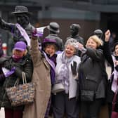 Campaigners for Women Against State Pension Inequality (WASPI) gathered at the statue of political activist Mary Barbour, the woman who led rent strikes during the First World War. PIC: Andrew Milligan/PA Wire