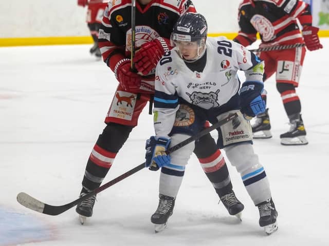 ON THE BOARD: Tom Palmer scored a late equaliser in Swindon for Sheffield Steeldogs, sealing an impressive 9-3 aggregate play-off quarter-final victory. Picture courtesy of Peter Best/Steeldogs Media.