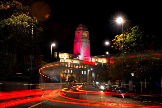 The University of Leeds Parkinson Building lit up in 2013. PIC: Tony Johnson