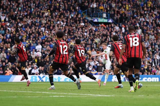 LEEDS, ENGLAND - SEPTEMBER 27: Sean Longstaff of Leeds United scores his team's second goal during the Premier League match between Leeds United and Bournemouth at Elland Road on September 27, 2025 in Leeds, England. (Photo by Stu Forster/Getty Images)