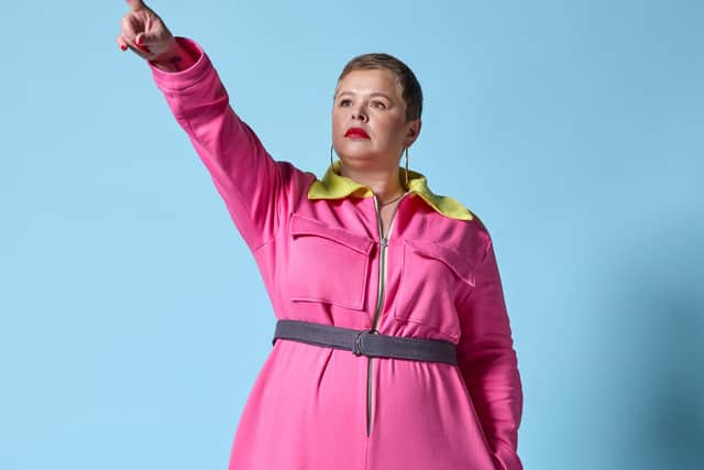 Comedian Laura Smyth wears Bo Carter Belinda Boiler Suit (Pink), £260. The Fashion Loves Comedy shoot took place at Tooting Tram & Social, photography: @stevegabbett photography assistant: @calsila hair & make-up artist: @annabelmua