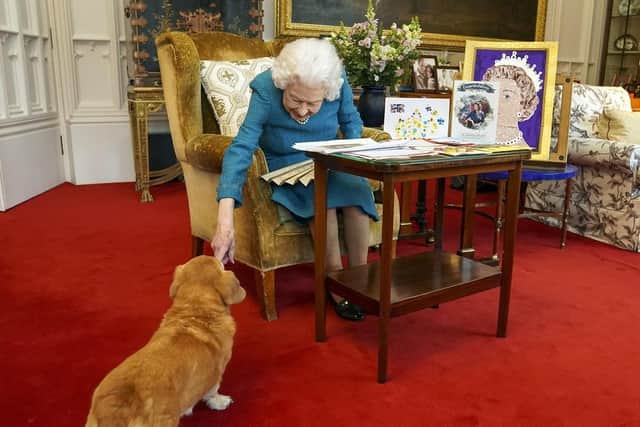 Queen Elizabeth II being joined by one of her corgis. (Pic credit: Steve Parsons / PA)