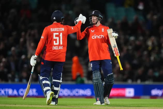Winning combination: England’s Yorkshire duo of Harry Brook, right, and Jonny Bairstow celebrate winning the fourth T20 against Pakistan last Thursday. How often can they do it in the World Cup?