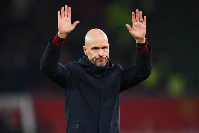 MANCHESTER, ENGLAND - FEBRUARY 08: Erik ten Hag, Manager of Manchester United, acknowledges the fans after the Premier League match between Manchester United and Leeds United at Old Trafford on February 08, 2023 in Manchester, England. (Photo by Michael Regan/Getty Images)