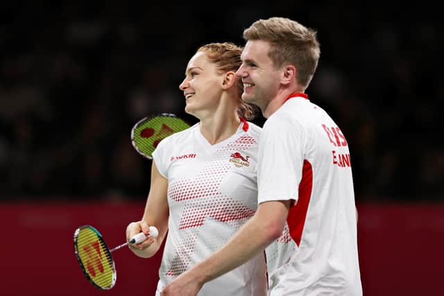 Marcus Ellis (R) and Lauren Smith (L) of Team England react during their Badminton Mixed Doubles Round of 32 match against Shae Michael Martin and Sabrina Charllene Scott of Team Barbados on day seven of the Birmingham 2022 Commonwealth Games at NEC Arena on August 04, 2022 in Birmingham (Picture: Dean Mouhtaropoulos/Getty Images)