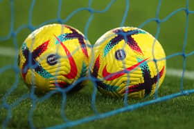 LIVERPOOL, ENGLAND - NOVEMBER 05: A detailed view of the Nike Flight Premier League match balls prior to the Premier League match between Everton FC and Leicester City at Goodison Park on November 05, 2022 in Liverpool, England. (Photo by Alex Pantling/Getty Images)