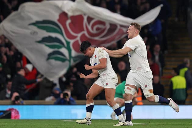 England's Marcus Smith celebrates with England's Alex Dombrandt at the final whistle of last week's Six Nations win over Ireland (Picture: ADRIAN DENNIS/AFP via Getty Images)