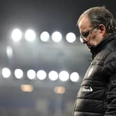 Marcelo Bielsa, manager of Leeds United, looks on during the Premier League match against Everton at Goodison Park.