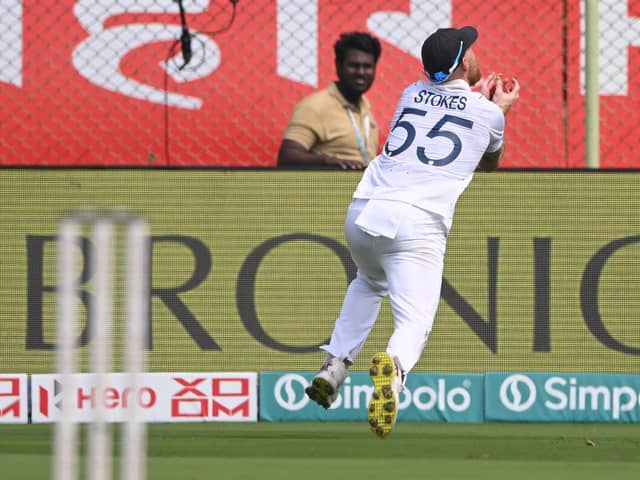 Captain marvel: Ben Stokes pulls off a wonder catch running back from mid-off to dismiss India's Shreyas Iyer off the bowling of Tom Hartley. Photo by Stu Forster/Getty Images.