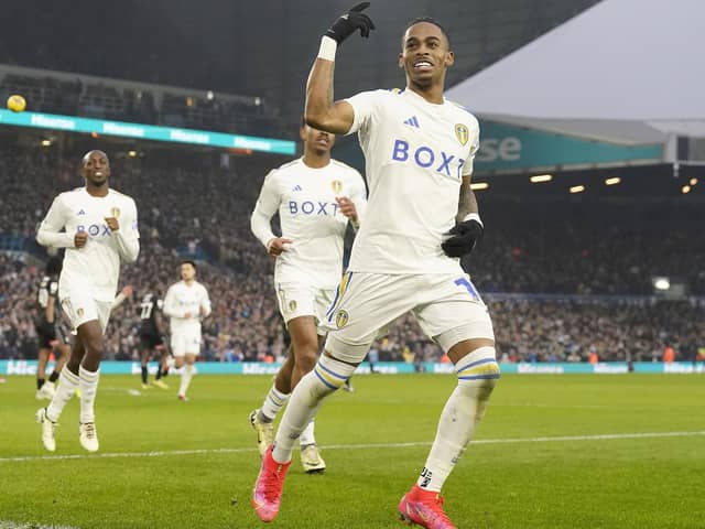 Leeds United's Crysencio Summerville celebrates scoring their side's third goal of the game during the Sky Bet Championship match against Rotherham United at Elland Road. Picture: Danny Lawson/PA Wire.